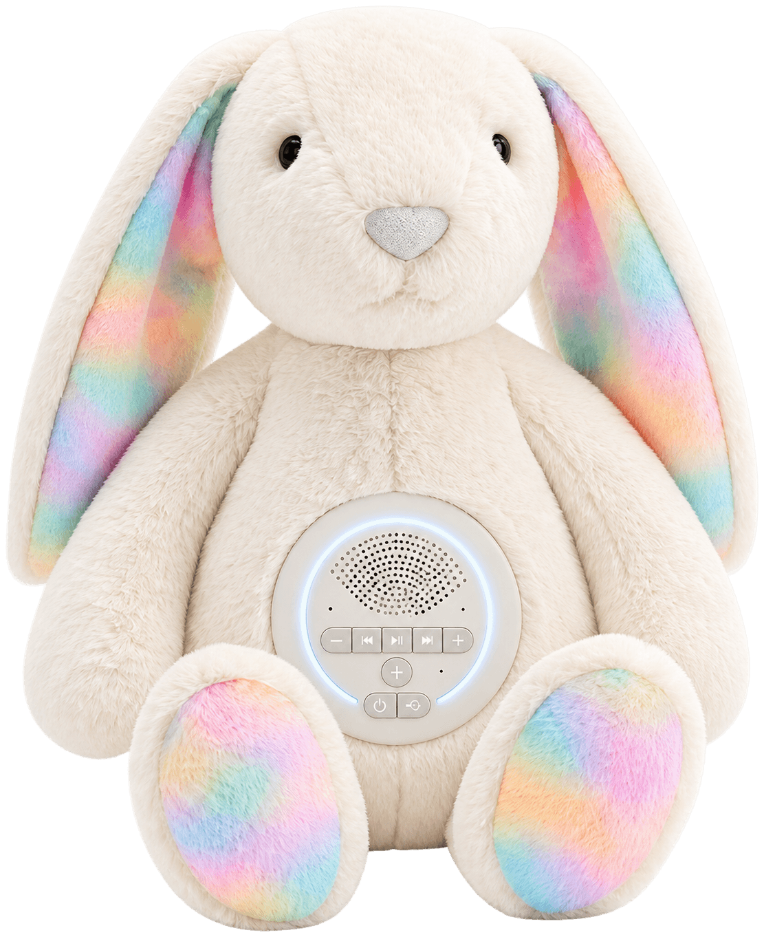 Kheelu, the cream talking plush rabbit with a speaker in its tummy and rainbow-lined ears